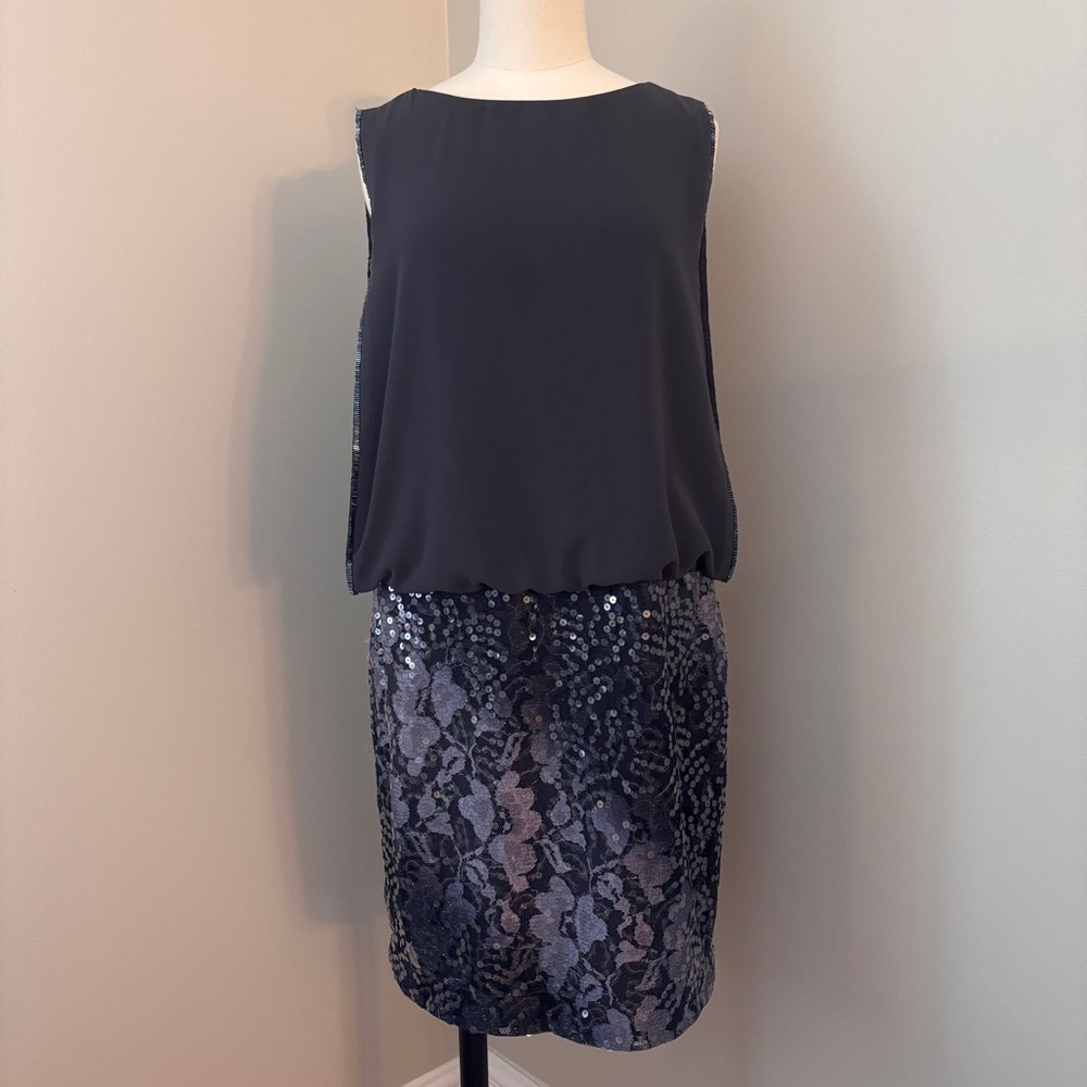 Frank Lyman Design Sequin Mini Blouson Dress Grey Silver Size 8